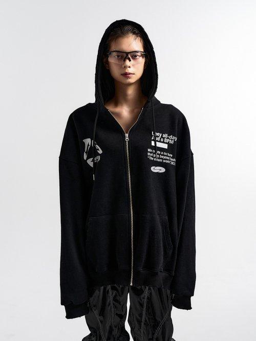 DAMAGE WIDE FIT ZIP-UP HOODIE BLACK