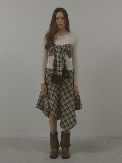 CHECK UNBALANCE HOOL SKIRT (BROWN)