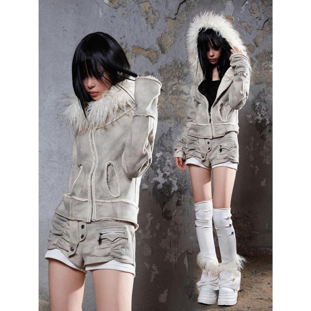 ARIADNAw fur collar old y2k punk winter short jacket