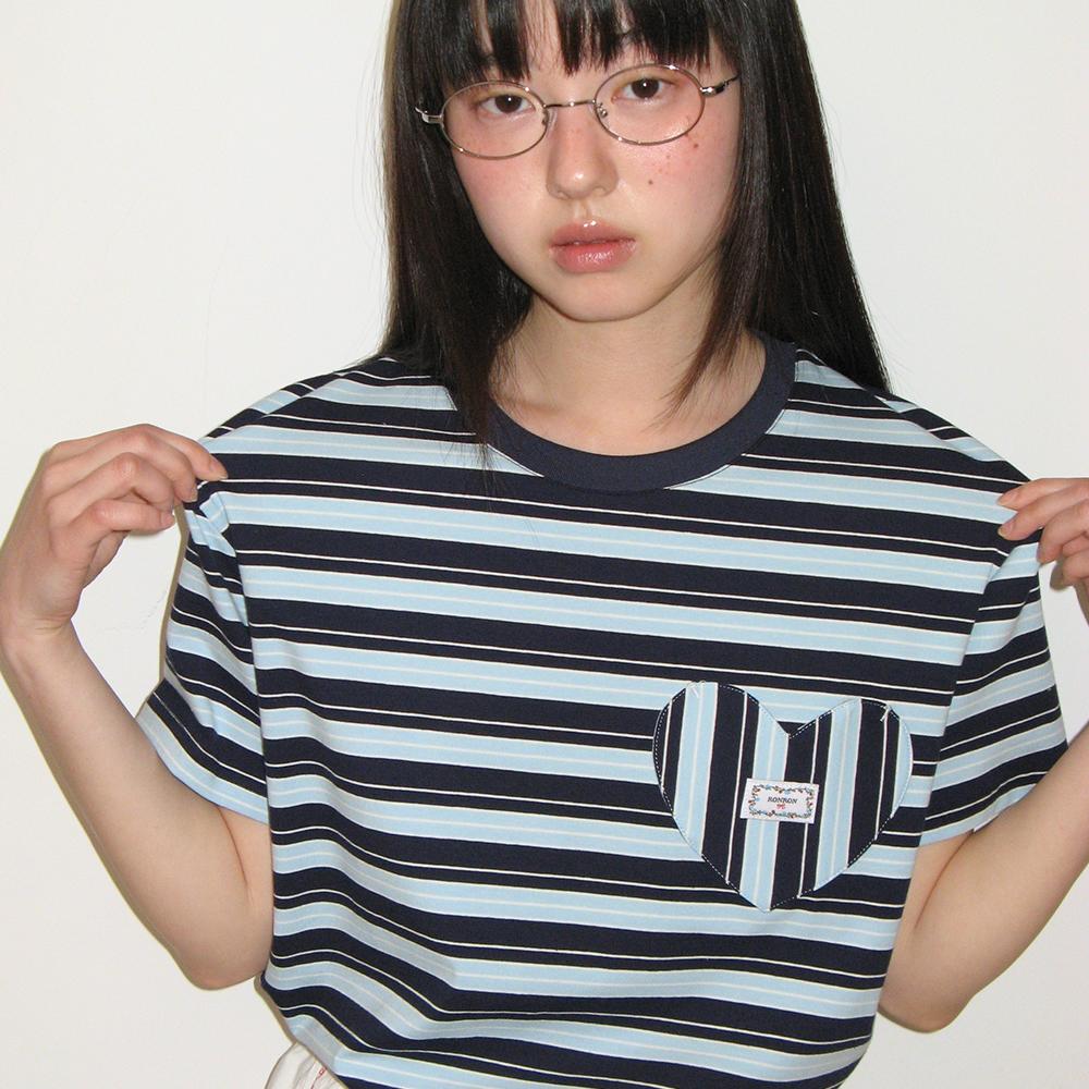 MULTI STRIPE HEART POCKET BASIC FIT T SHIRT NAVY