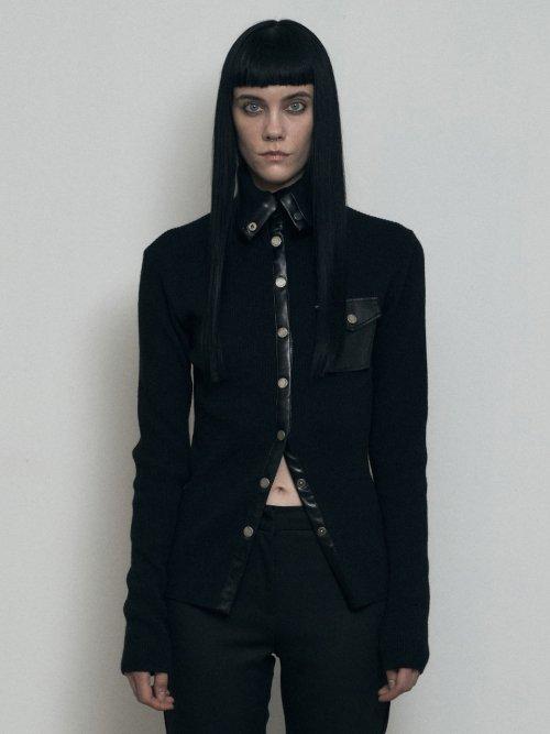 TURTLE NECK LEATHER POINT KNIT, BLACK