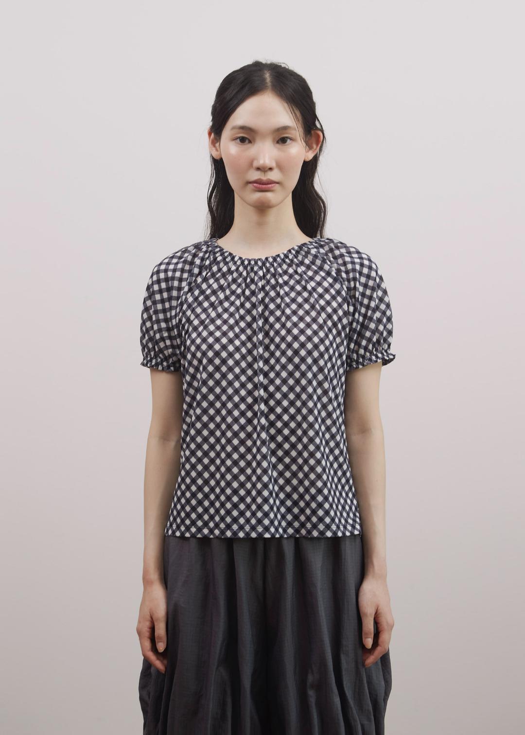 Shirred Check Top / Navy