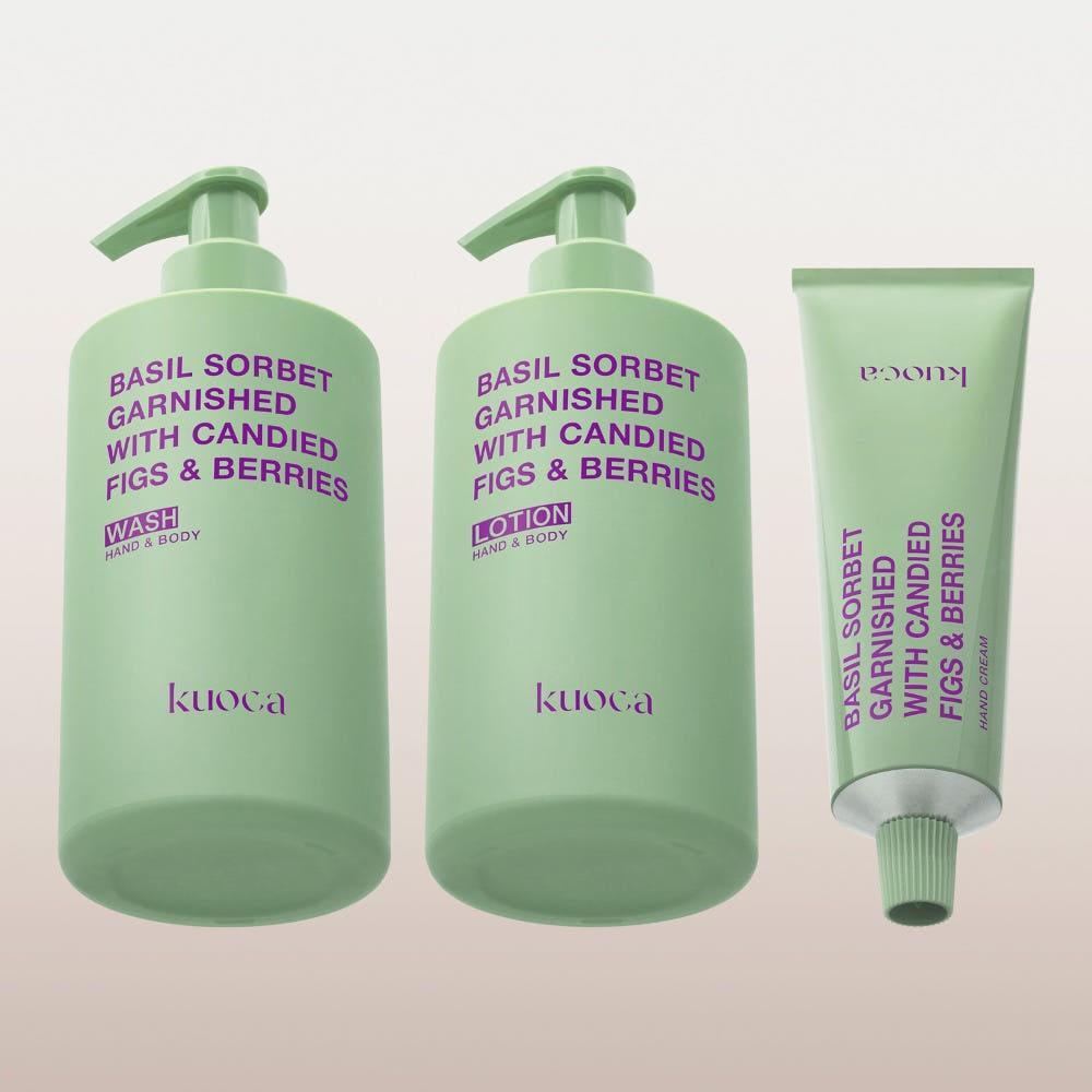 쿠오카 바질소르베 핸드&바디 케어 3종 세트(바디워시300ml+바디로션300ml+핸드크림50ml)