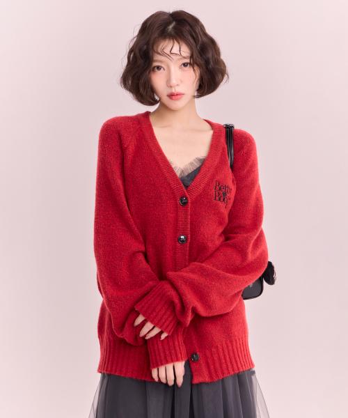 베티붑 오버핏 브이넥 니트 가디건_레드