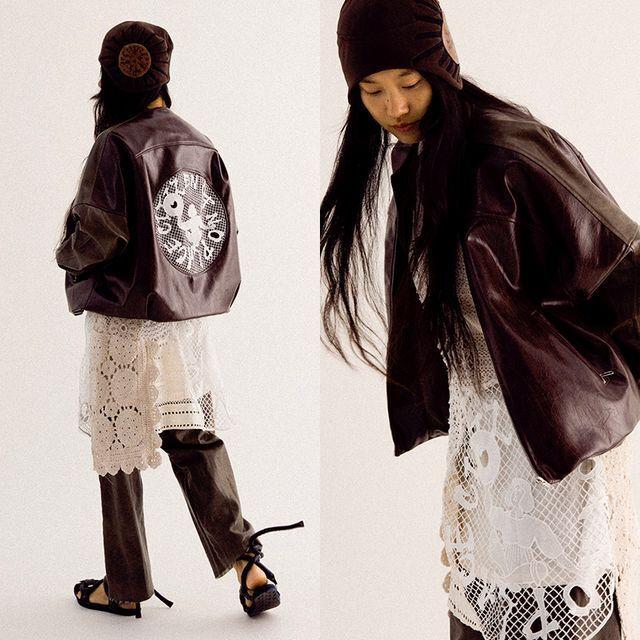 CONP 크루넥 컬러블록 레더자켓 (브라운)