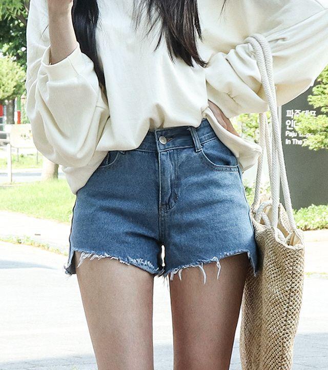 하이웨스트 청반바지 핫팬츠 데님 숏팬츠 여름 3부 컷팅 반바지 leb-반-2중청