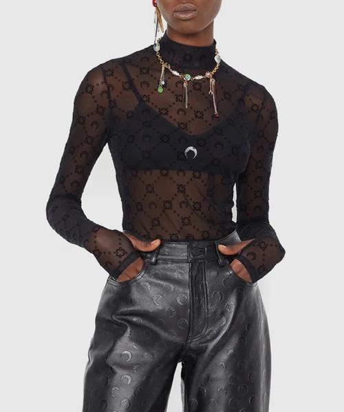 (W) 리사이클드 메쉬 플록 하이넥 탑 블랙 RECYCLED MESH FLOCK SS HIGHNECK TOP BLACK