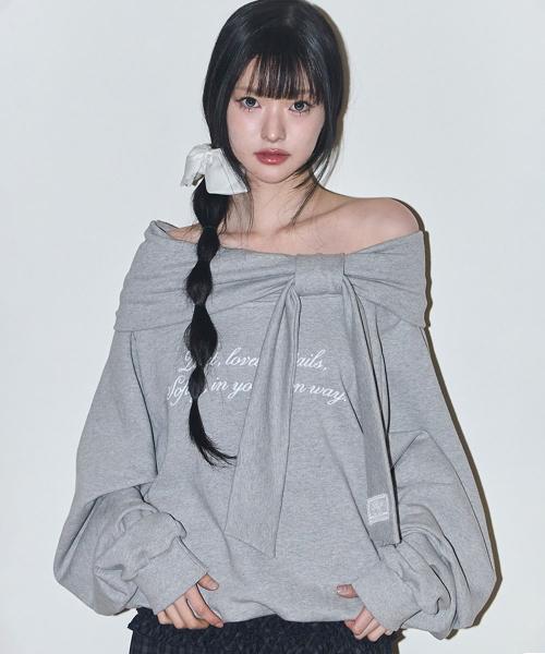 퓨어 보우 오프숄더 맨투맨 멜란지