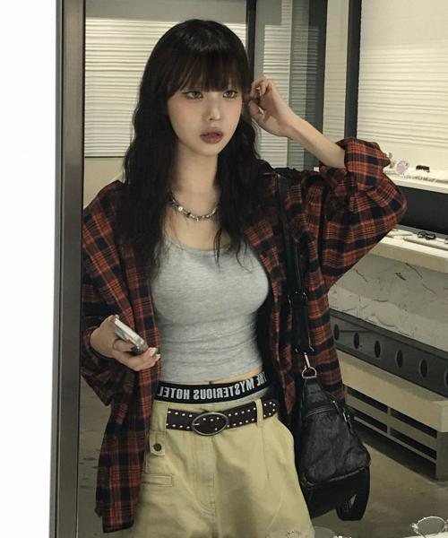 프리미엄 오버핏 플란넬 포켓 체크 셔츠 [오렌지]