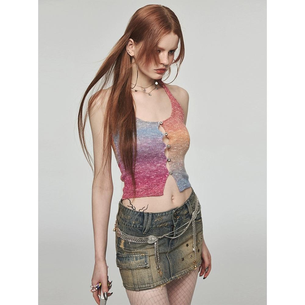 1JINN STUDIO 원진스튜디오 알록달록 바캉스 홀터넥 니트 뷔스티에 숏탑