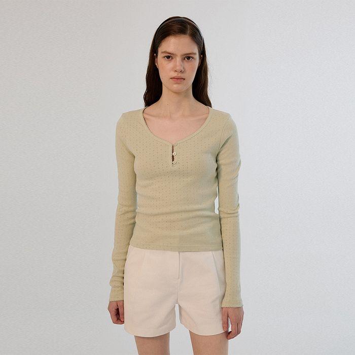 Lace Button Long Top - Mint