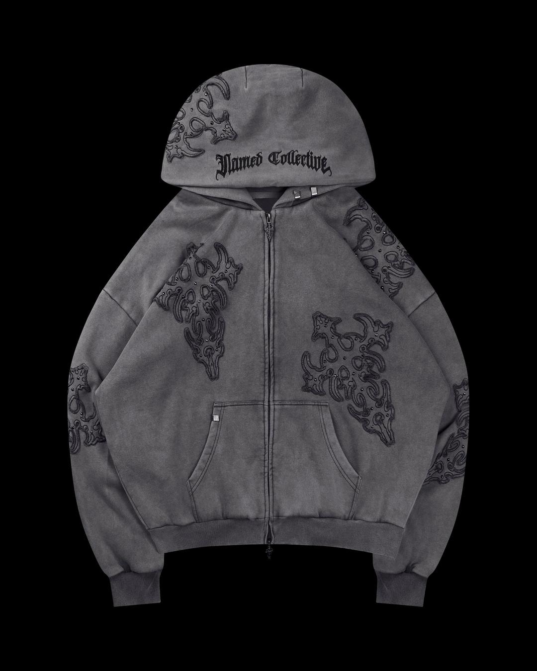 SINNER STUDDED ZIP HOODIE GREY VINTAGE WASH - XS