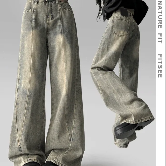 [~XL] 엘리게이터 빈티지 틴 워싱 패치 절개 라인 일자 와이드 데님 팬츠 바지