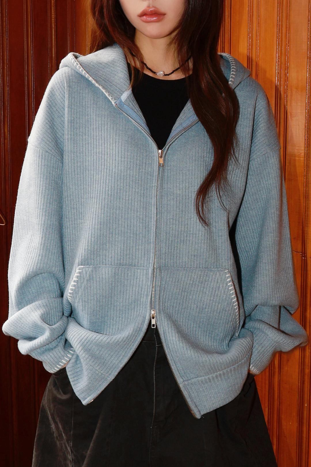 멜로우 니트 스티치 후드집업