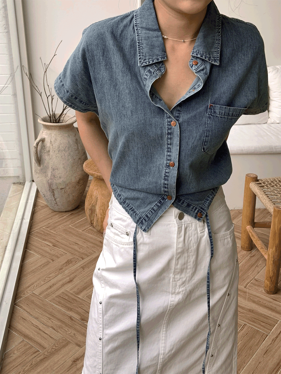 뮤젯 스트링 데님 원포켓 셔츠 (2color)