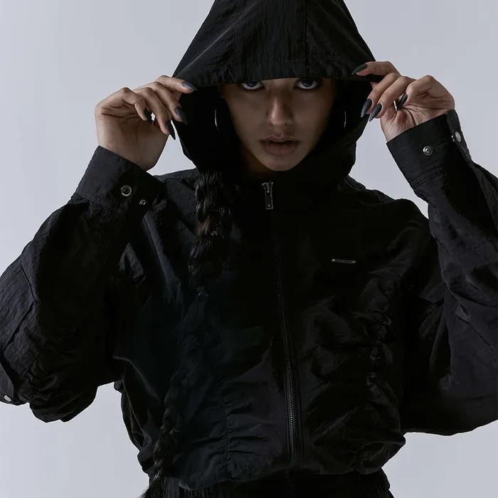 Nylon Cargo Shirring Set-up Zip-up [ Black ]