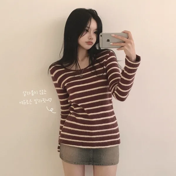 [도톰,포슬~/달라붙지않는핏] 여리여리~ 말라보이는, 모헤어 라운드 여리핏 단가라 무지 긴팔니트 (5color)