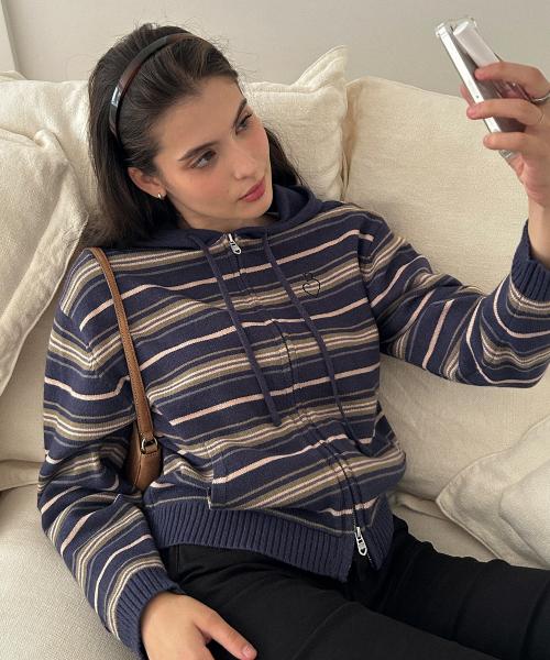 에센셜 ST 니트 후드 집업-네이비