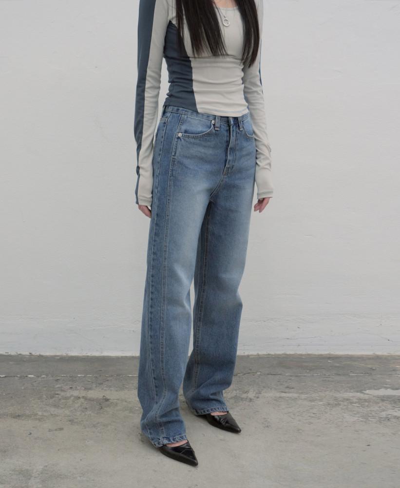 더블 라인 스트레이트 데님 팬츠