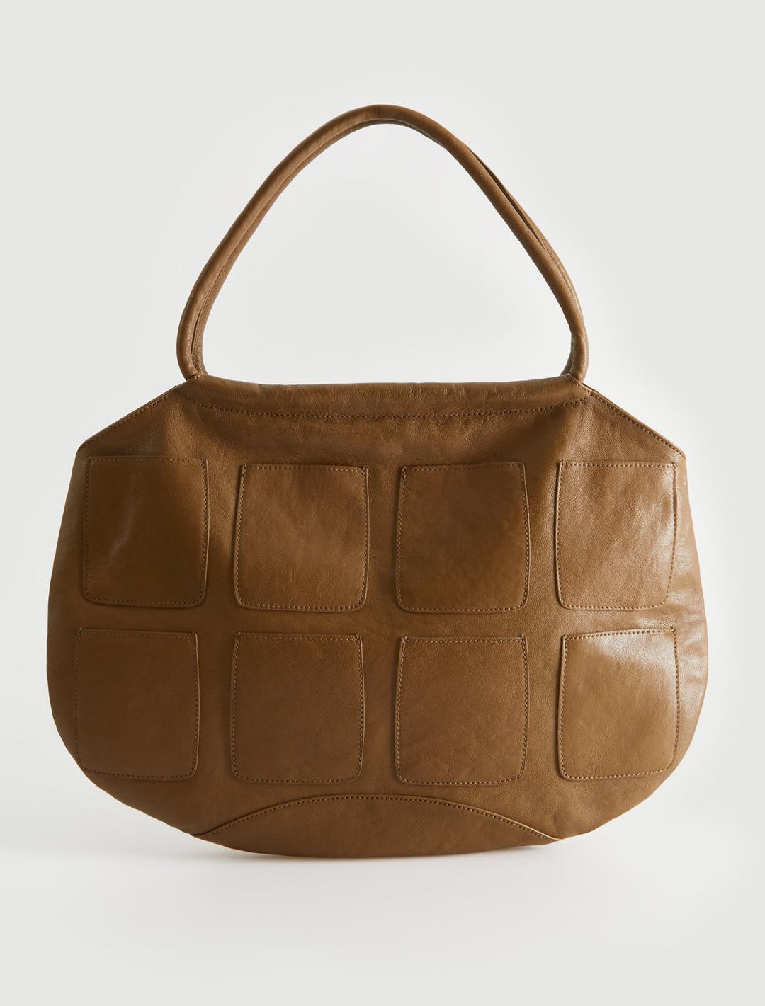 BIG POCKETS-Brown big round-shaped shoulder bag with multi-pocket detailing