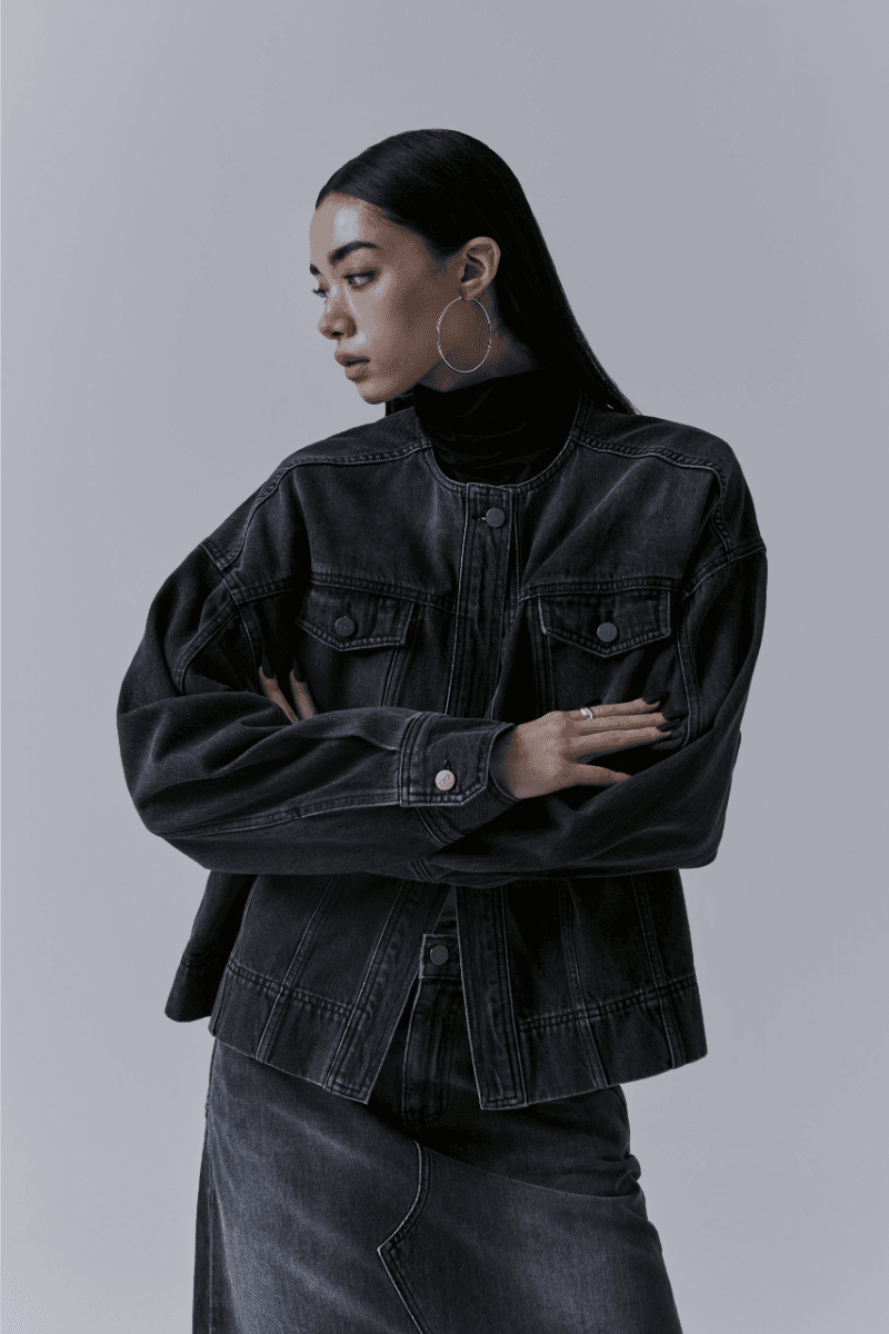 One Button Denim Set-up Jacket [ Black ]