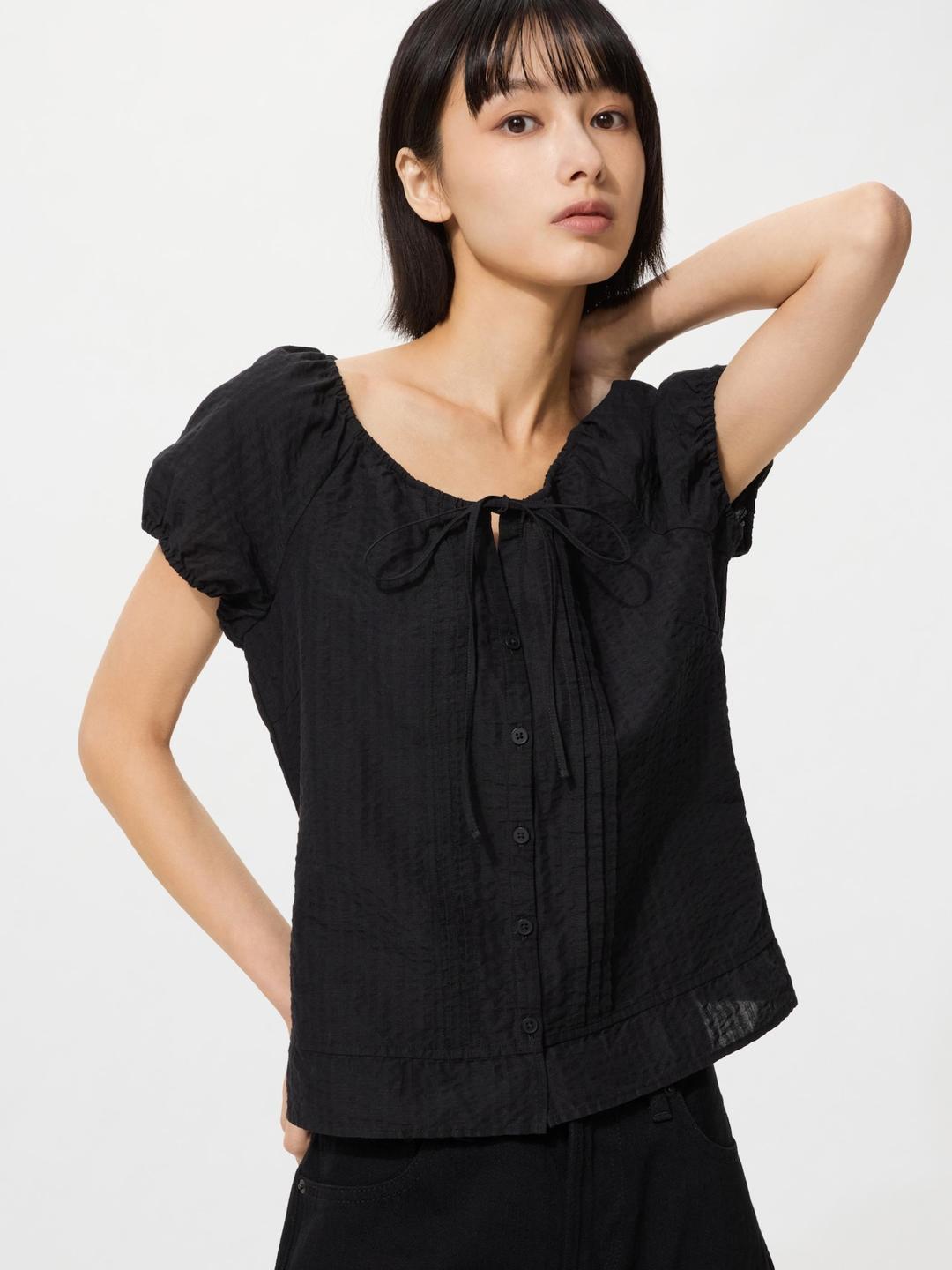 리넨블렌드스쿠프넥블라우스(반팔)