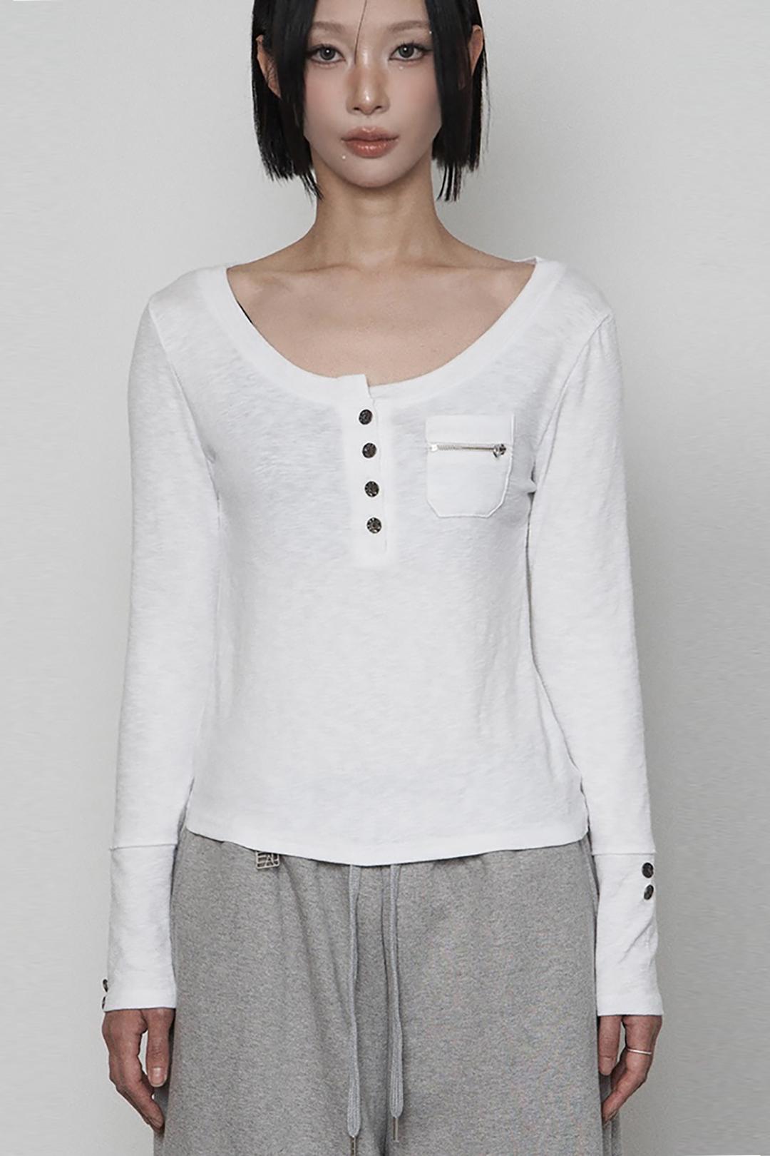 Henley neck Button Pocket Long sleeve (WHITE)