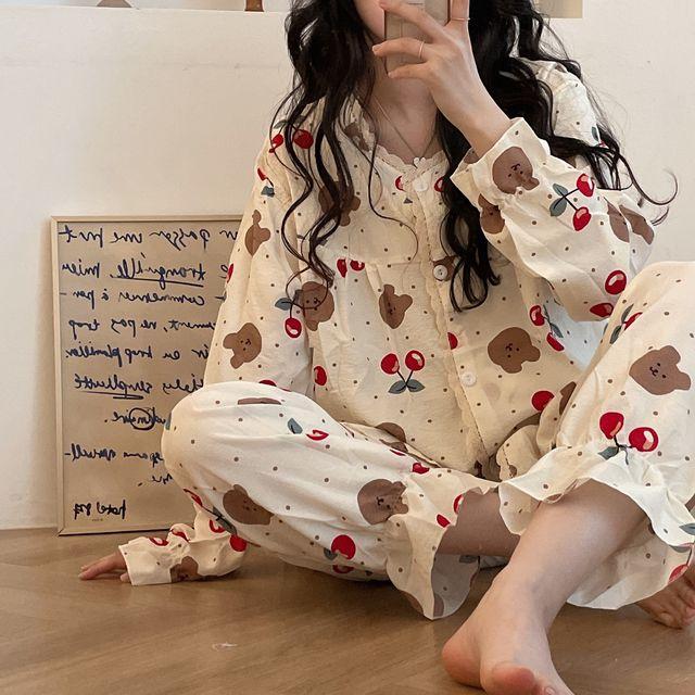 [당일출고] 레이스 귀욤 체리 베어 긴팔 긴바지 넉넉한 사이즈 파자마