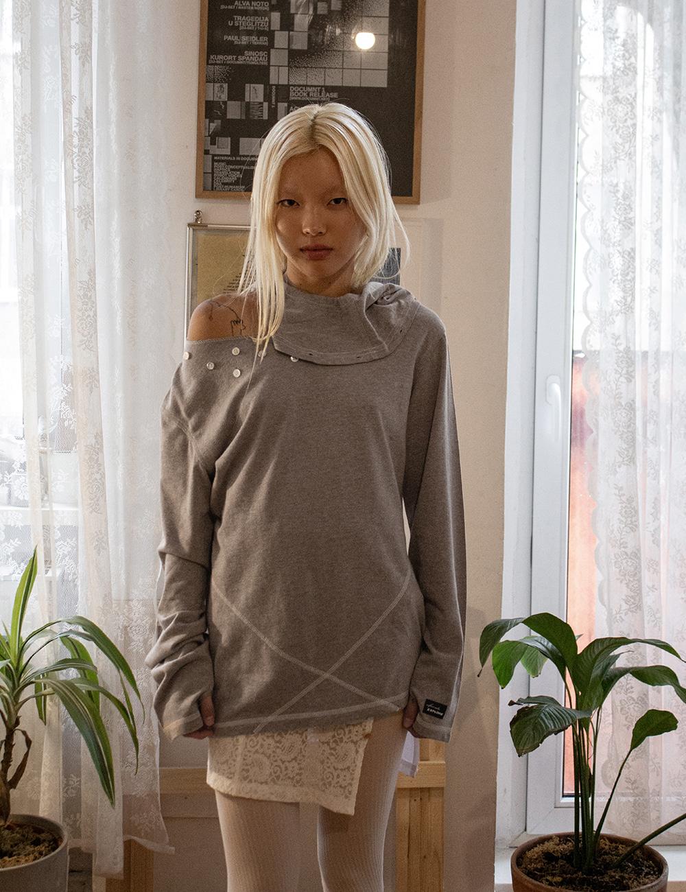Button Hoodie Knit Pullover in Warm Grey