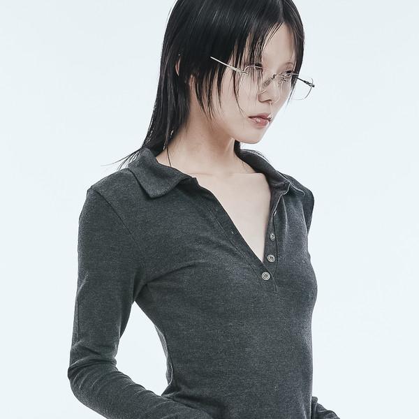 Knit metal button collared long sleeve top charcoal