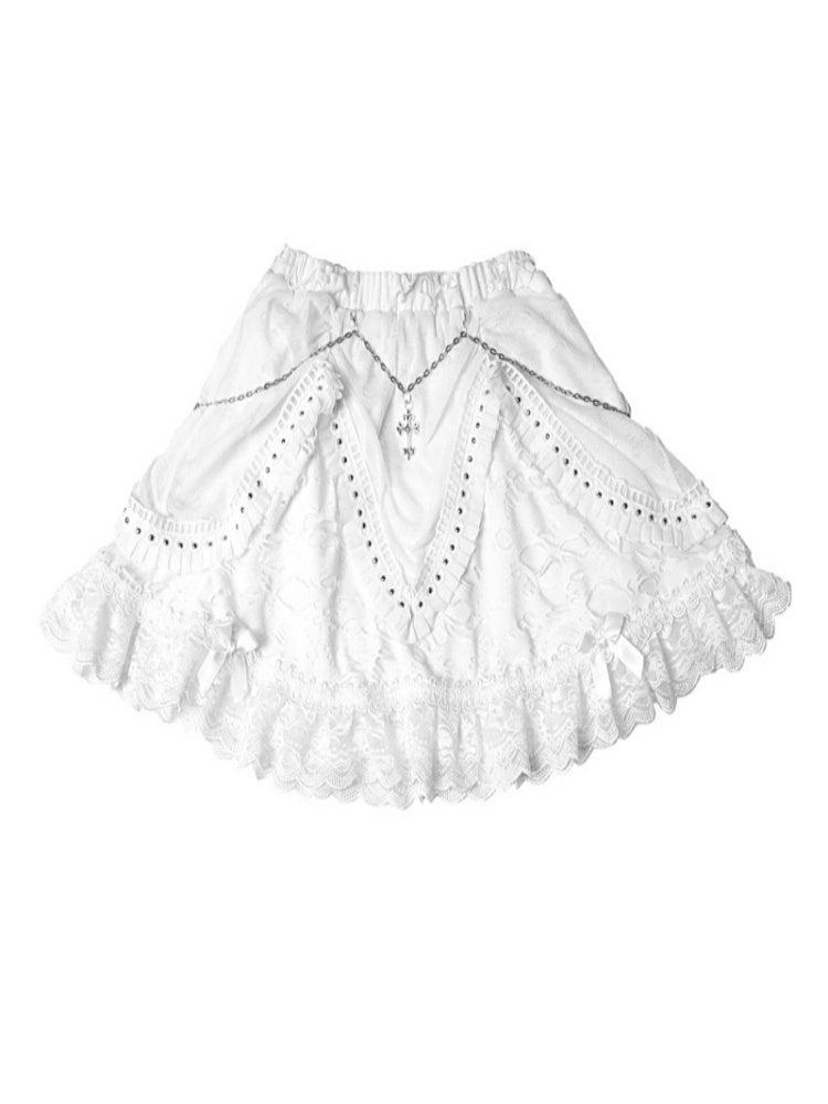 Gothic Cross Pendant Chain Shirring Waist Ruffle Lace Mini Skirt【s0000000776】