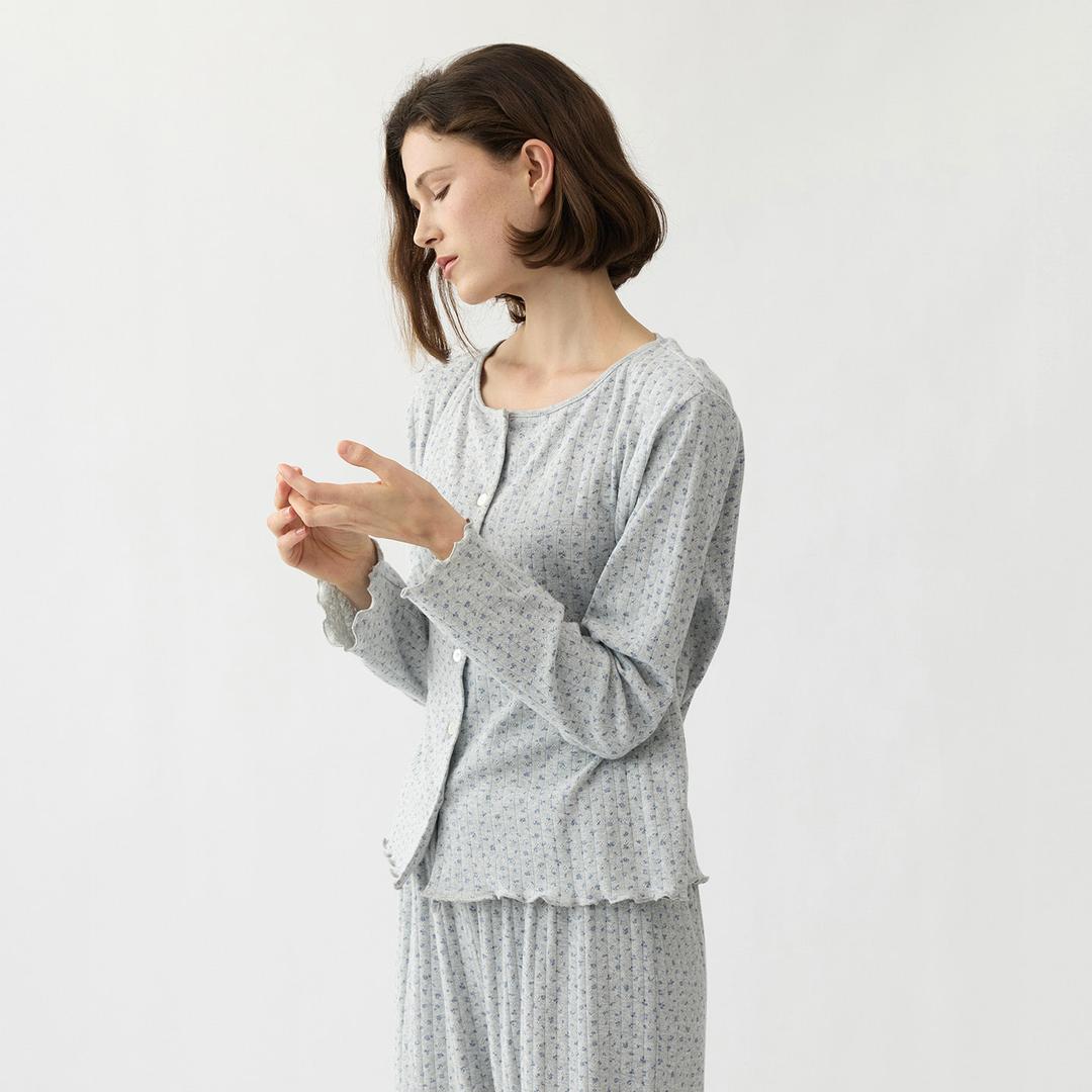 비쥬 플라워 여성 잠옷 세트 홈웨어 파자마 긴팔 긴바지