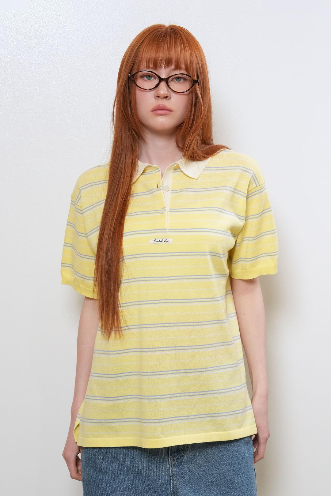 WOMAN 스트라이프 루즈 카라 하프 니트 [LEMON]
