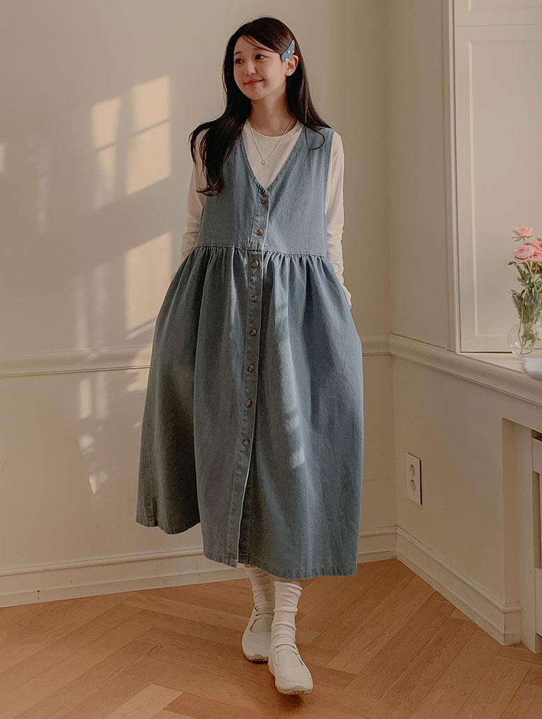 해피텐 데님셔링 뷔스티 원피스