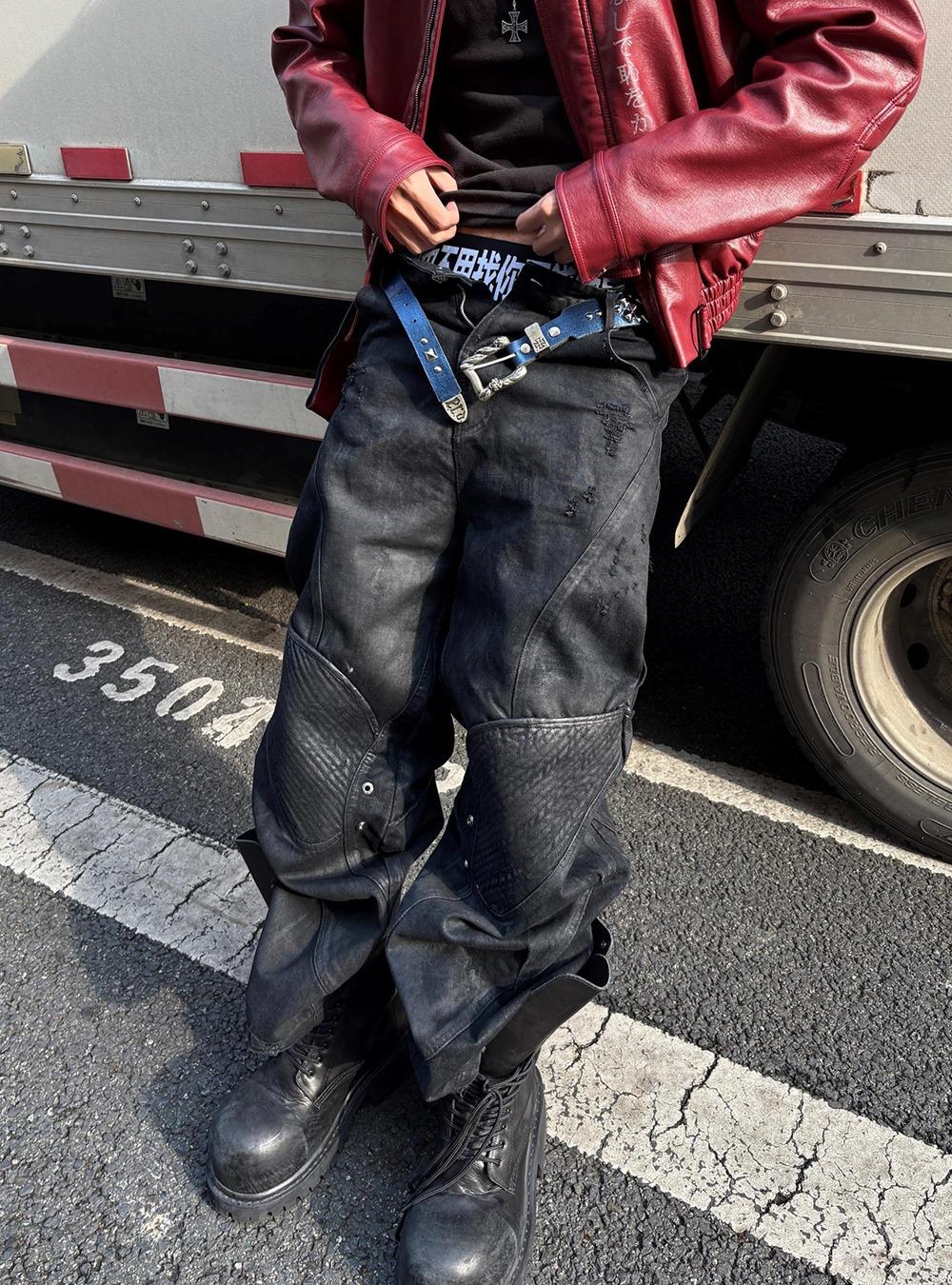Distressed Coated Motorcycle Jeans