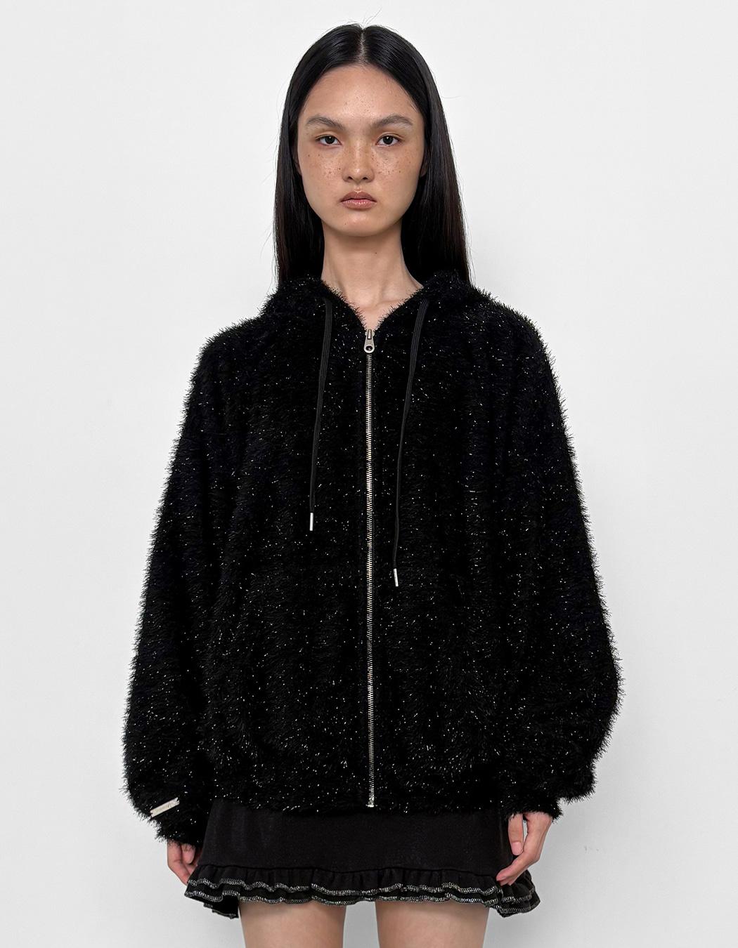 GLITTER FURRY ZIP-UP HOODIE, BLACK