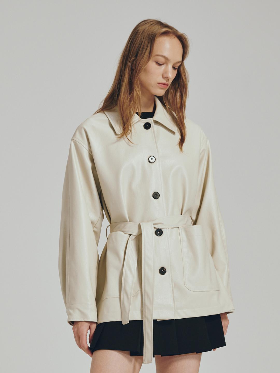 누브 벨티드 레더 자켓 - 크림 / Belted Leather Jacket - Cream