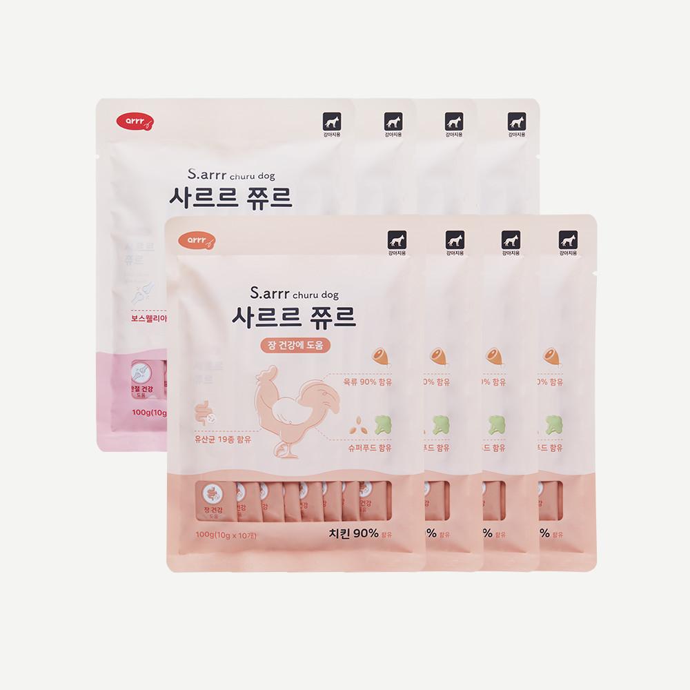 아르르 강아지 사르르 쮸르 대용량 세트 (80개입) 치킨 4팩+비프연어 4팩 장/관절 건강 강아지 유산균 츄르 강아지캔 강아지습식 습식간식