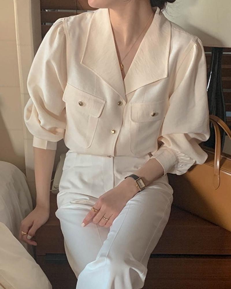 SLOWB 슬로우비 브라우니 블라우스 금장 버튼 카라 셔링 3color