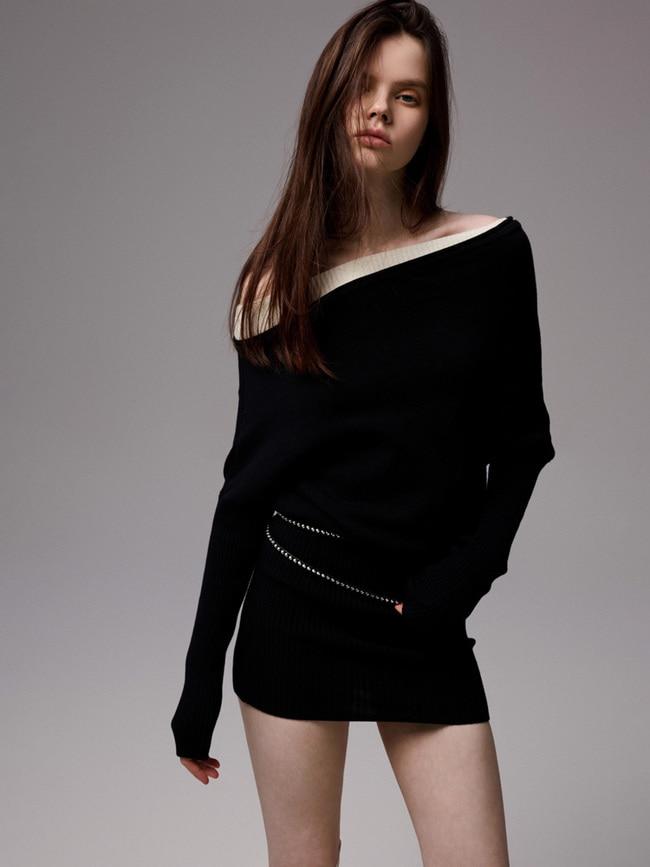 [1JINN STUDIO] Faux Two-piece Off-shoulder Knit Dress