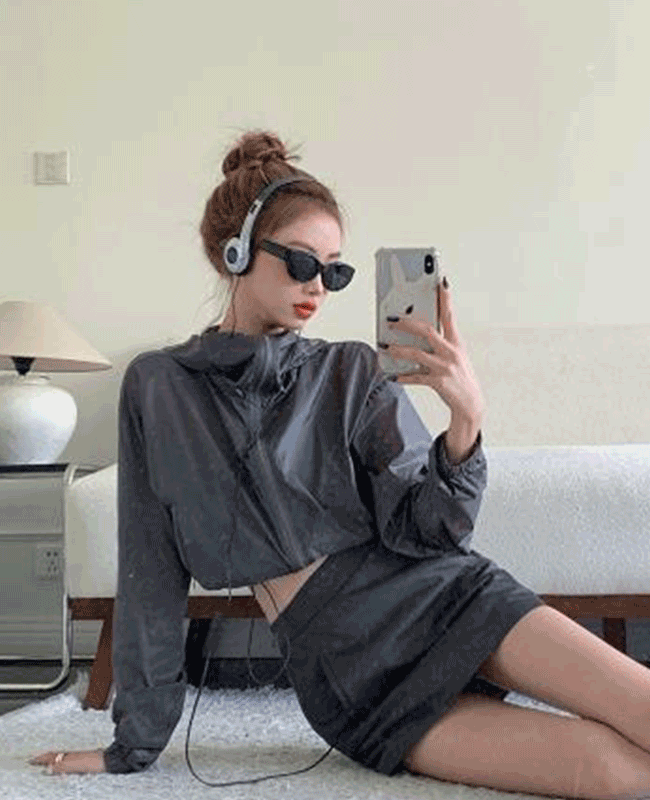 오호 하이웨스트 H라인 슬림핏 미니스커트 스트릿 운동복 츄리닝 트레이닝복 코디세트