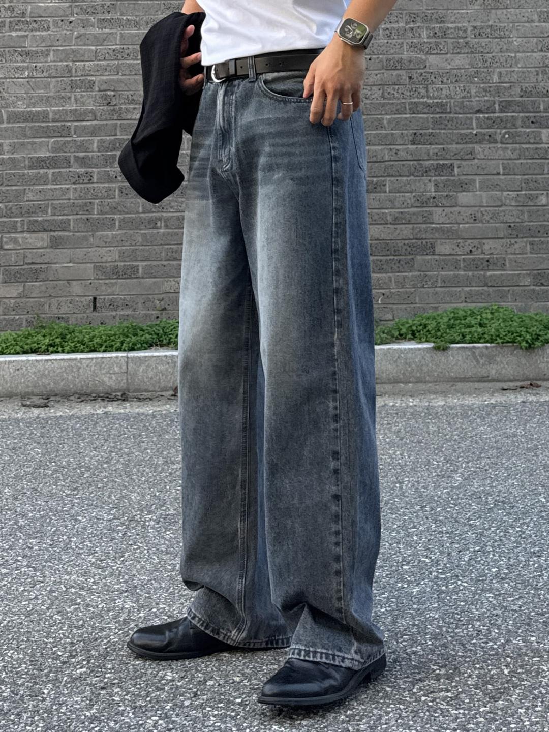 9346 Deep blue washing wide pants