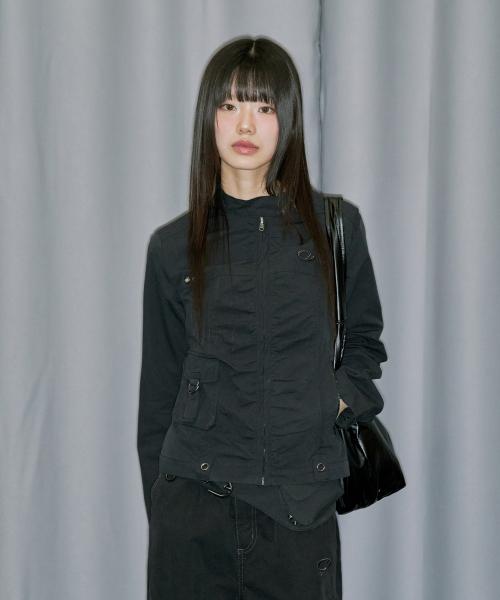 시그니처 셔링 코튼 바이커 자켓 - BLACK