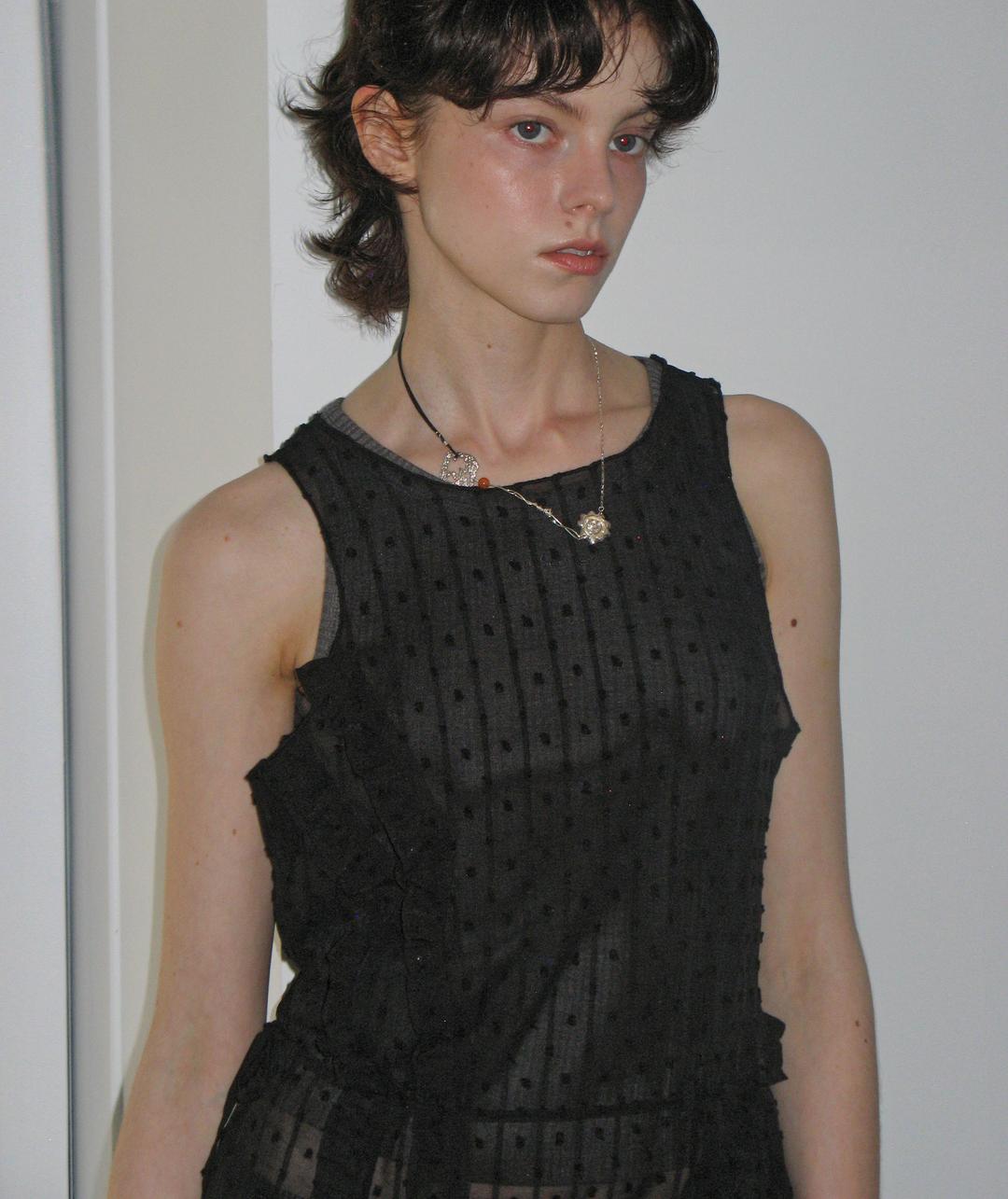 Ruffled Mesh Strap Top [Black]