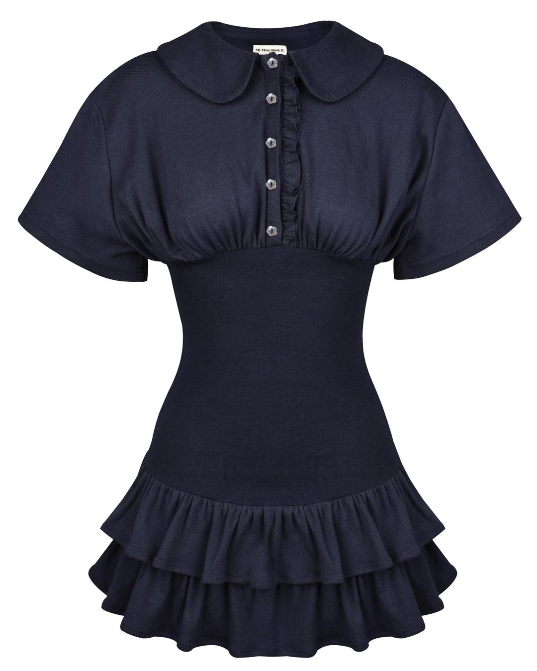 Collar Fitted Frill Dress - Navy - XS