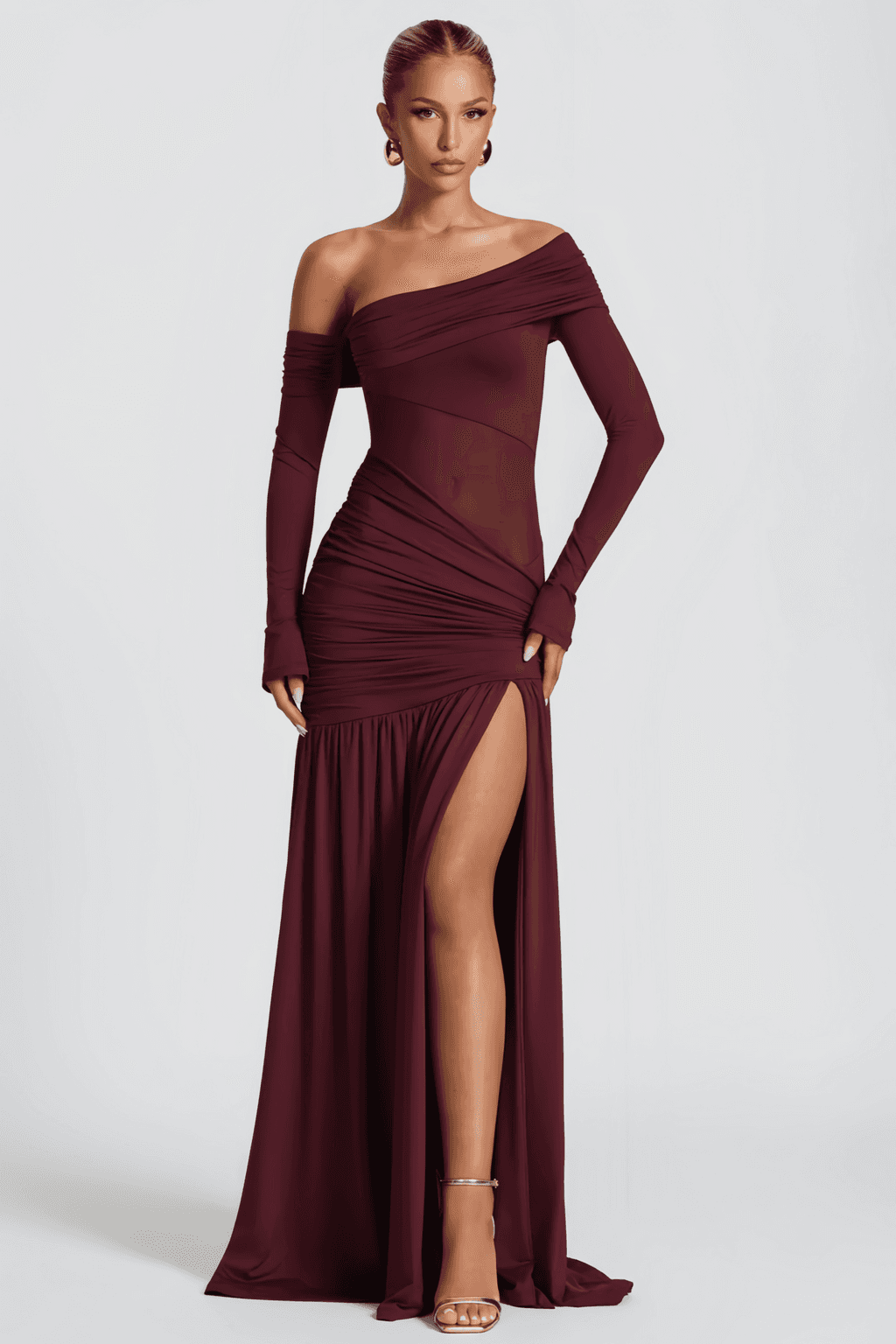 Anastasia Burgundy One Shoulder Gathered Maxi Dress