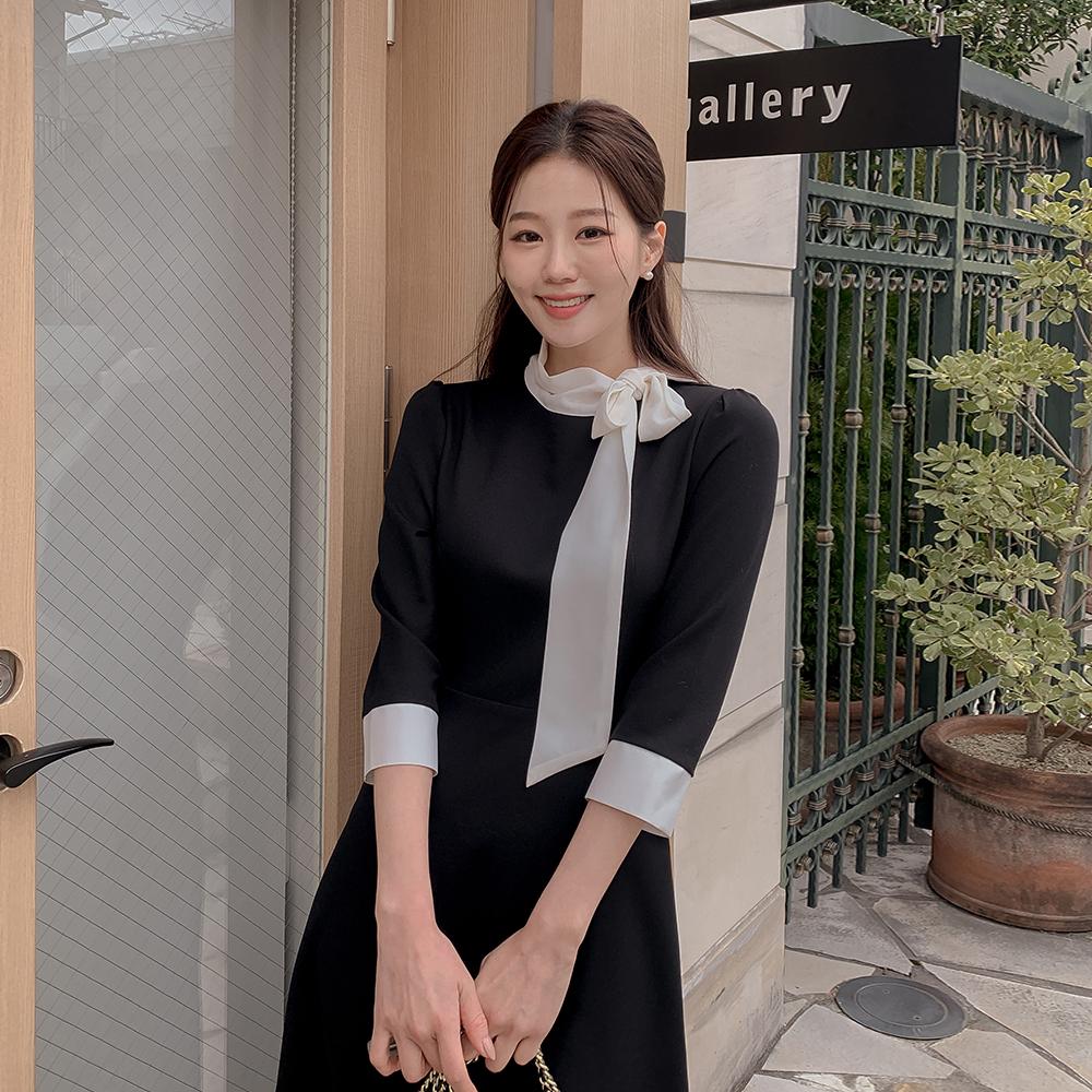 달리호텔 [단독] [Dali made/자체제작/2가지버전]모리드 라운드 배색 타이 A라인 H라인 원피스(하객룩/빅사이즈/A라인/H라인)