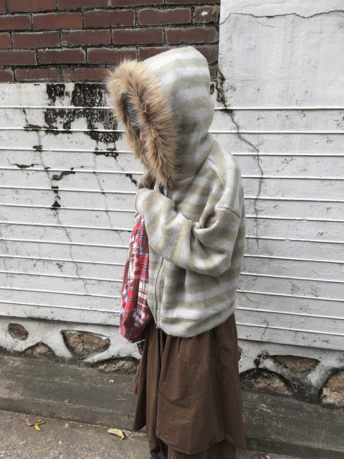 stripe fur hood zip-up (3c)