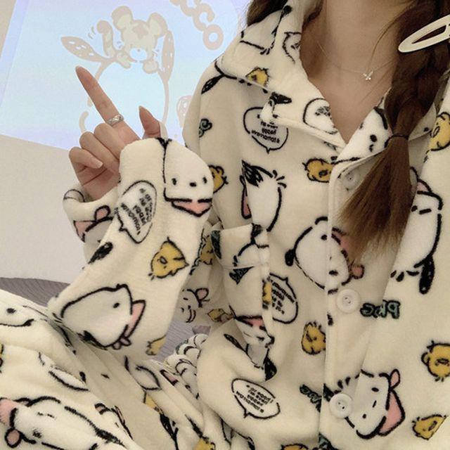 [당일출고/안대증정] 포차코 극세사 수면 잠옷 투피스 세트 산리오 캐릭터 겨울 부들이 우정 파자마