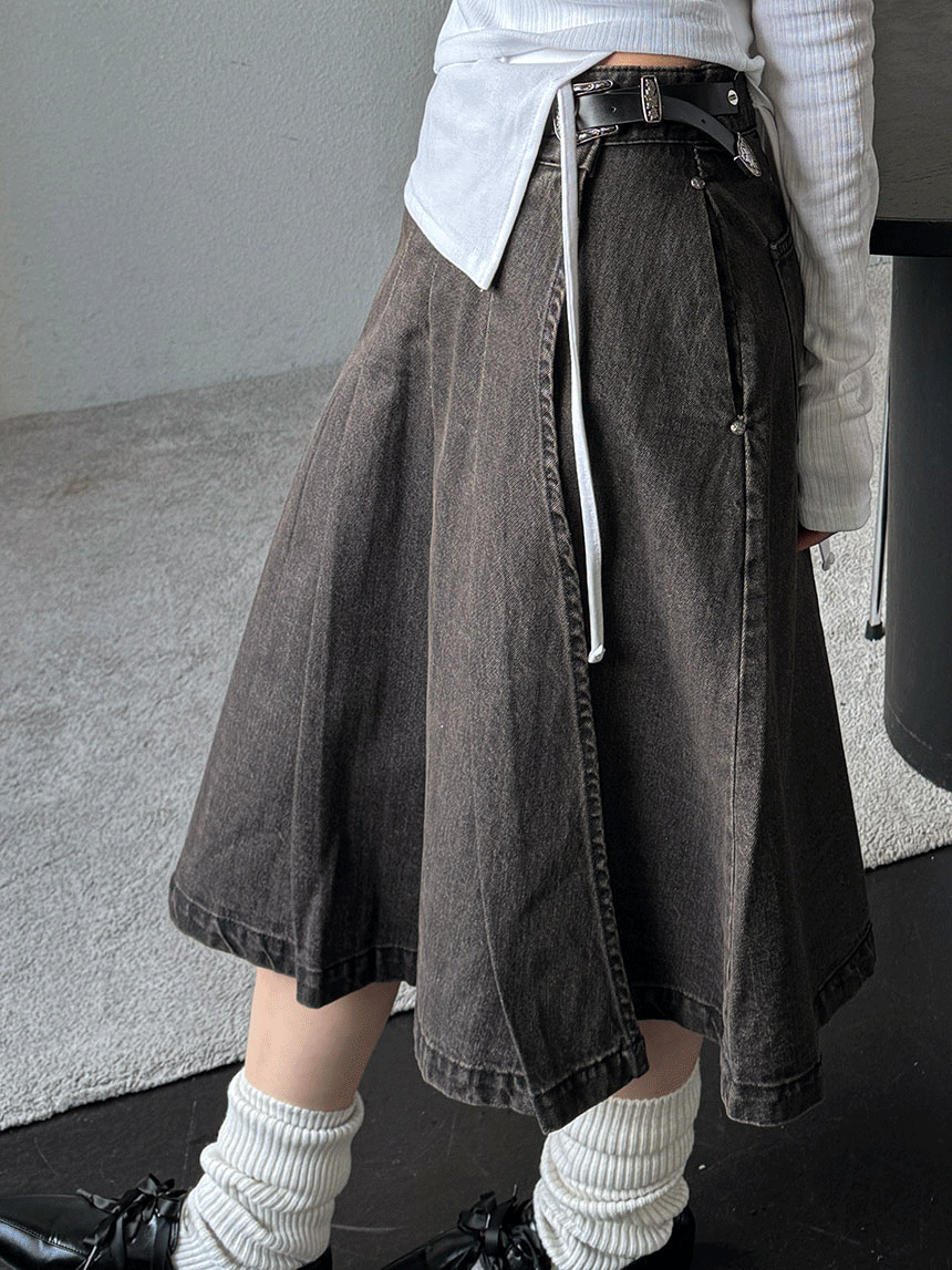 다상 웨스턴 버클 플리츠 랩 데님 미디 스커트 2color
